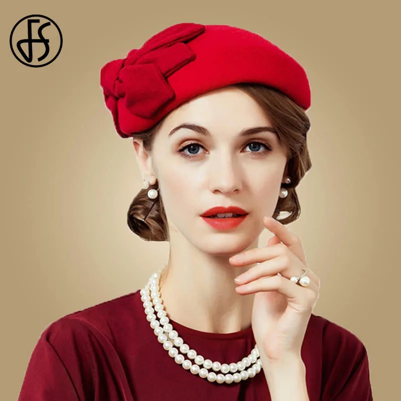 Red Fascinator Hat FS вуалетки шляпы для женщин элегантные красные свадебные женские черные шляпы шерсть Pillbox шляпа с бантом фетровые шляпы церкви кепки Винтаж - Цвет: Red Fascinator Hat