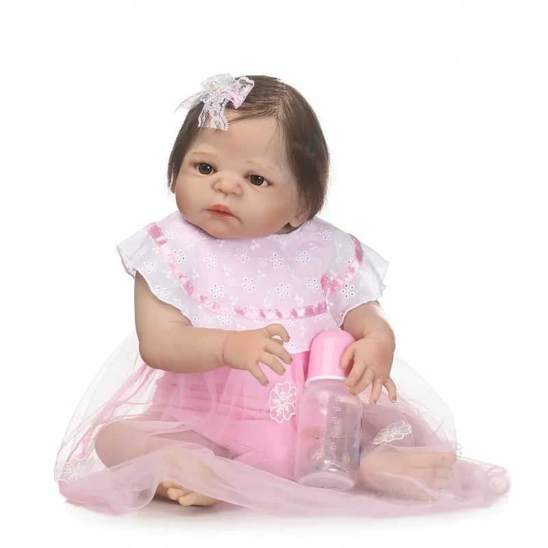 NPK brand silicone girl doll reborn 22&quot55cm pink dress bebe princess babies rooted hair child birthday present toy boneca | Игрушки и
