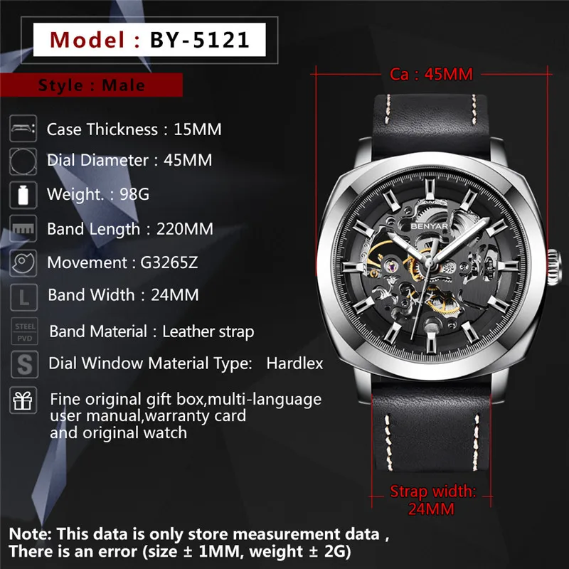 

BENYAR Men's Watches Top Brand Business Fashion Mechanical Waterproof Skeleton Wrist Watch Leather Clock's Man Relogio Masculino