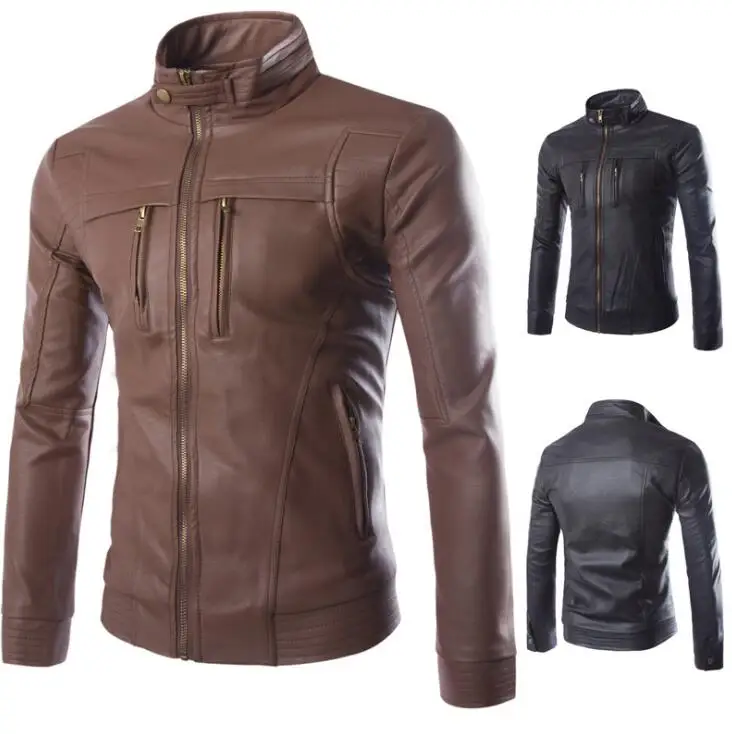 Hot 2021 Korean New Fashion Men Autunm Winter Brown Faux Leather Jackets mens Slim Black Zipper Motorcycle Jacket Coats M-4XL | Мужская