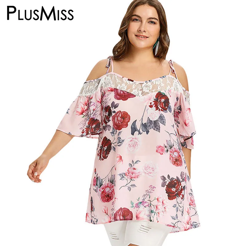PlusMiss плюс Размеры 5XL 4XL с открытыми плечами Boho пляж блузка лето 2018 цветок