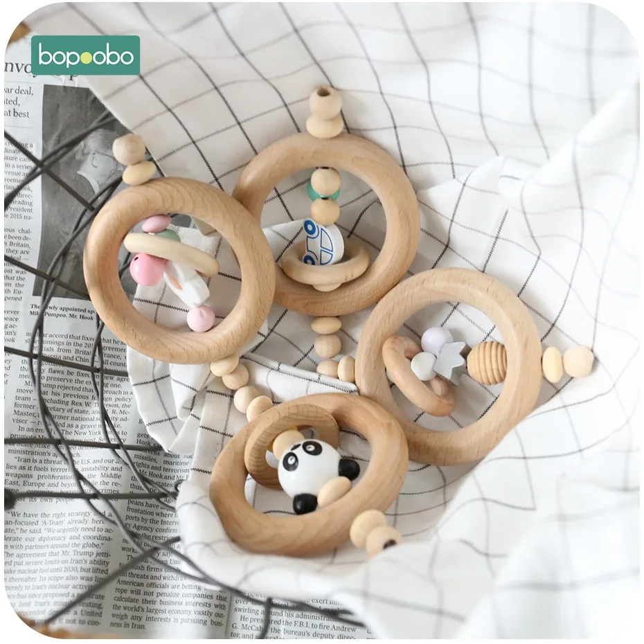 Bopoobo 1 шт. детские игрушки из бука медведь рука прорезывание зубов деревянное кольцо можно жевать бусины играть в тренажерный зал Монтессори игрушки, погремушки для младенцев
