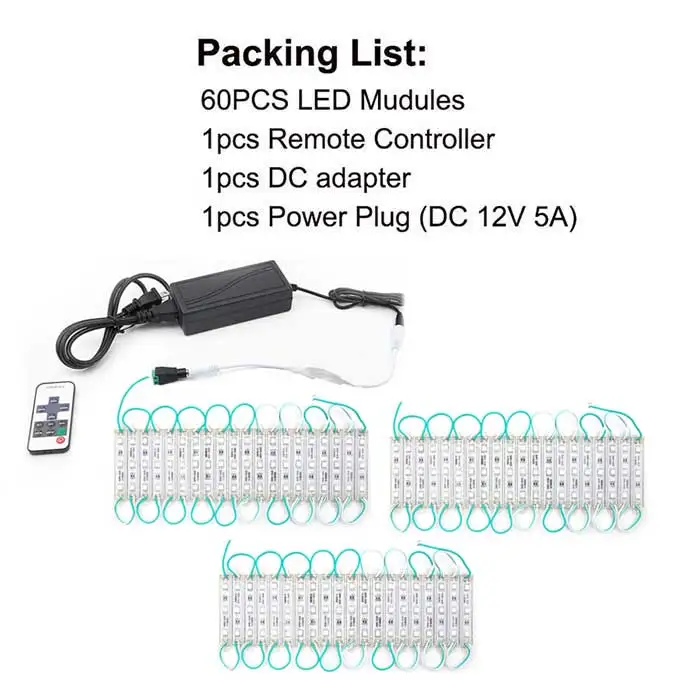 60PCS Kit SMD 5050 Светодиодный модуль 3 светодиодный 12 В постоянного тока водонепроницаемый рекламный знак магазин Передняя полоса ленты лампы модули огни комплект зеленый цвет - Цвет: 60PCS Kit