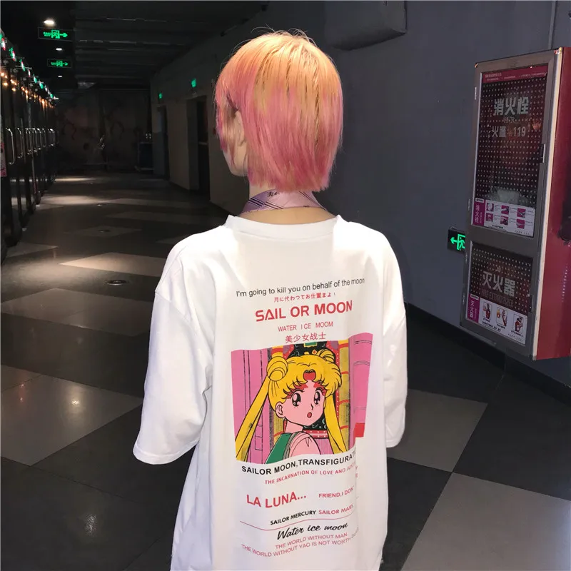 Camisetas Mujer 2020 летние топы корейские Ulzzang Harajuku мультфильм Сейлор Мун короткий рукав