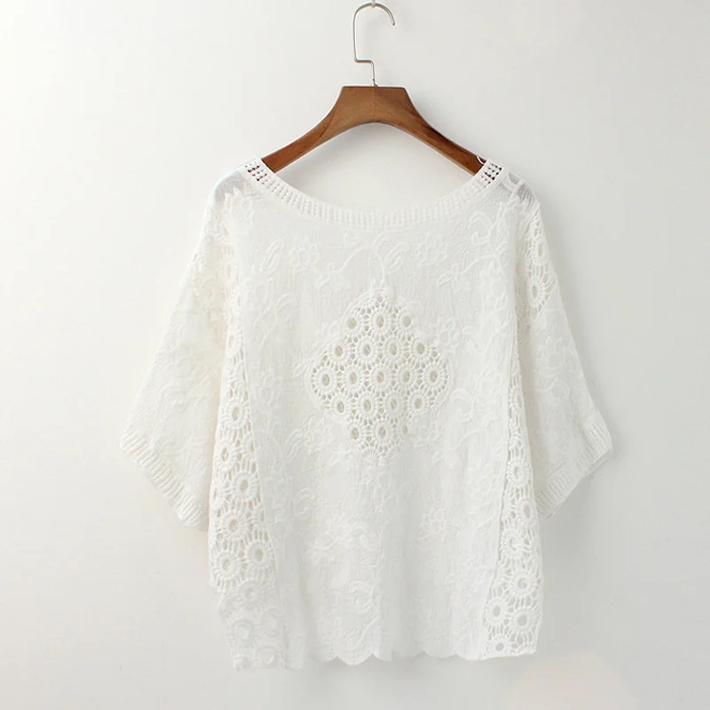 

Women Blouse Crochet Lace Tops Batwing Sleeve Round Neck Loose Oversized Hollow Out Cotton Shirts Vintage Beho White Blouses