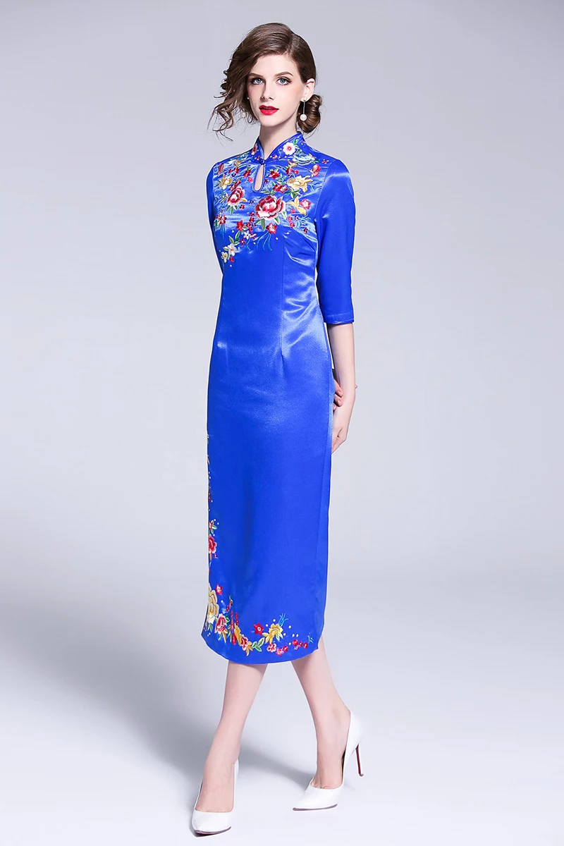 Китайский стиль Cheongsam вышивка Florals Женщины платье элегантный воротник-стойка Женский Тонкий платья осень голубой розовый