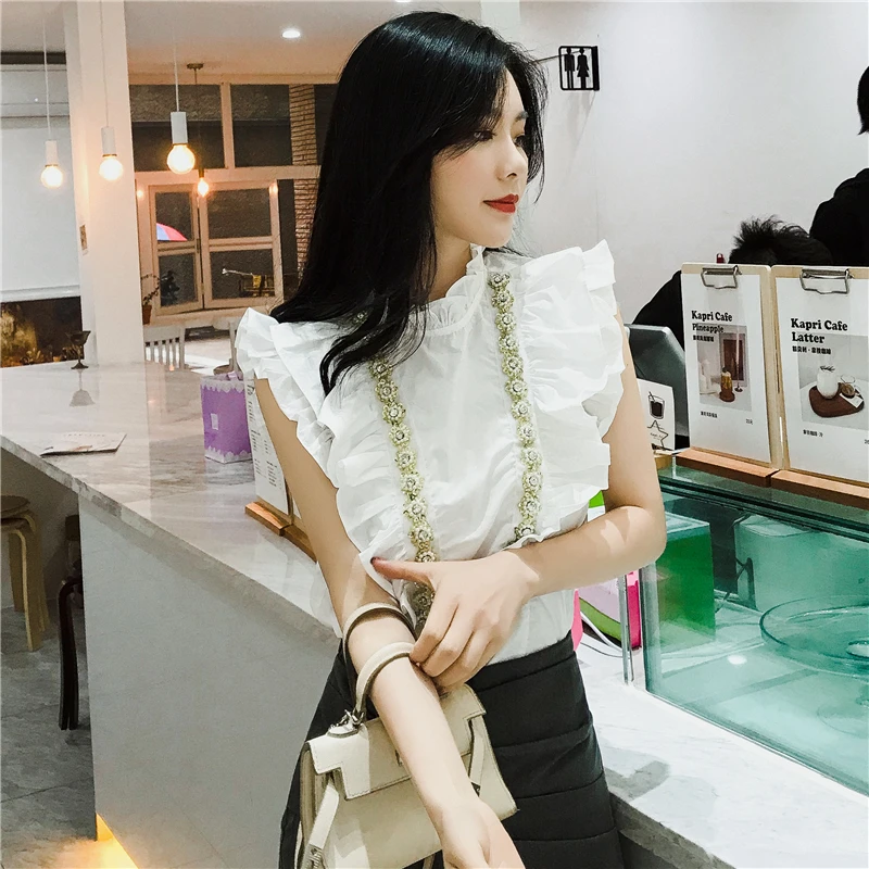Dingaozlz Лето короткий рукав OL Топ оборки белая блузка бисером женские рубашки, блузы, шифон mujer