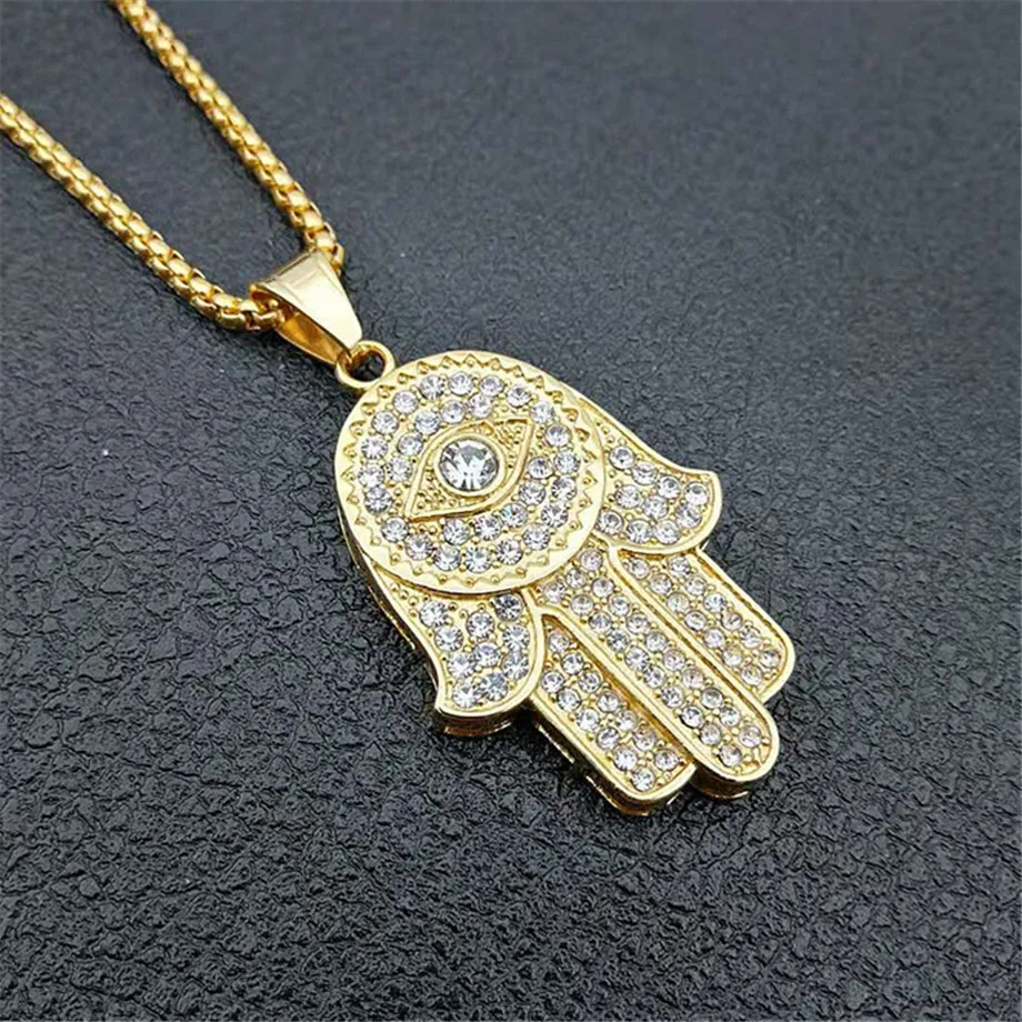 Хип хоп Iced Out Хамса рука Фатимы Кулон & цепь для женщин/мужчин золотой цвет