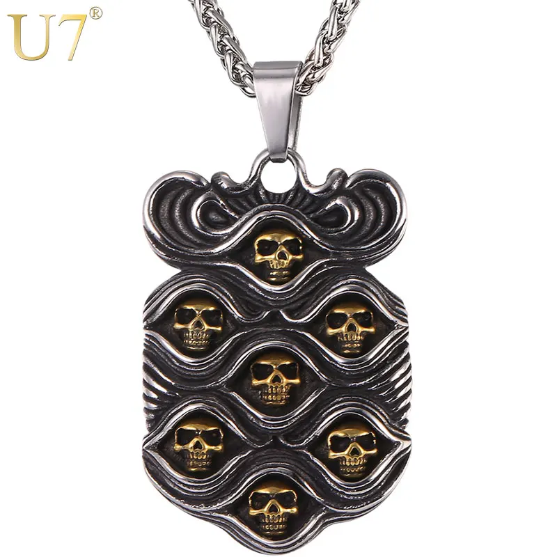 U7 Винтаж Нержавеющая Сталь Череп Кулон с Цепочкой Ожерелья Панк Рок Хиппи