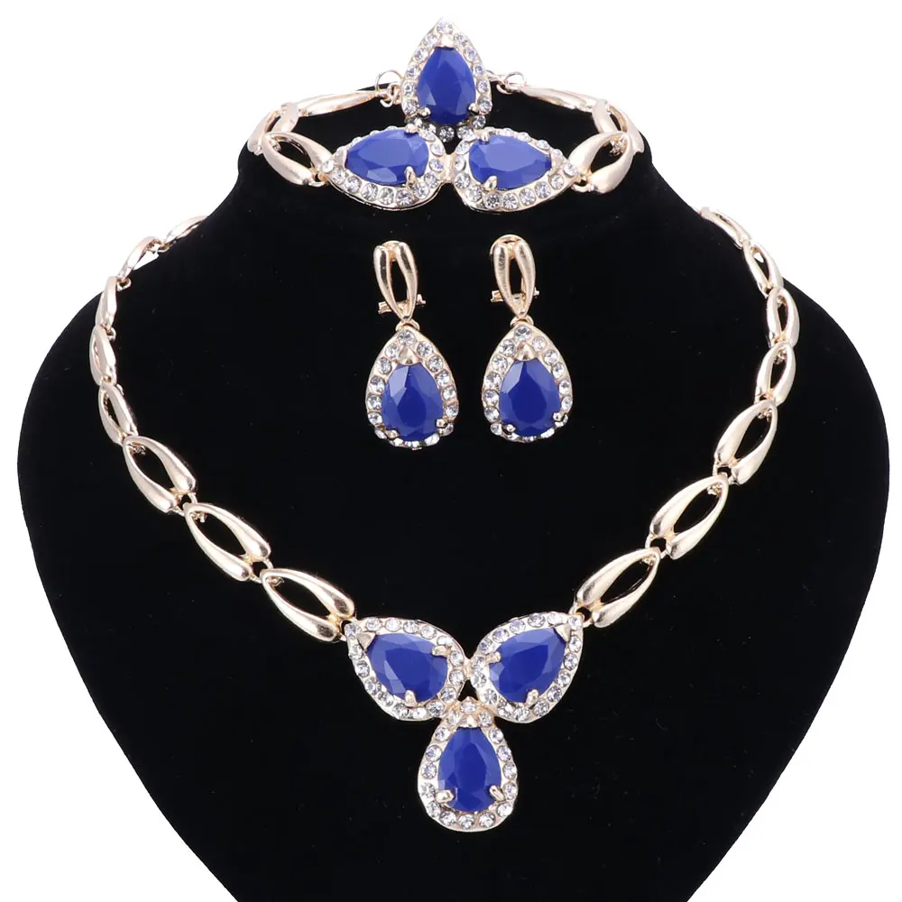 

New African Beads Jewelry Sets Gold Color Imitated Blue Gem/Crystal Women Wedding Party Necklace Bracelet Earring Ring Sets