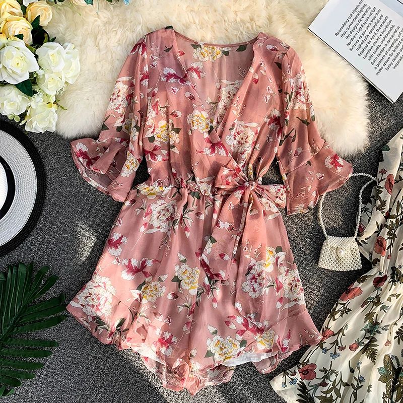 Женский шифон с v образным вырезом расклешенным рукавом эластичный оборками на