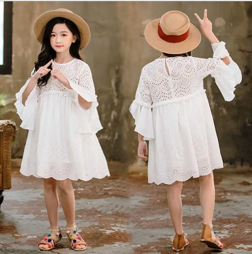 Retail Teenage 2019 Children Girls White Hollow Out Summer Dress Princess Fashion Boutique 4-9T | Детская одежда и обувь