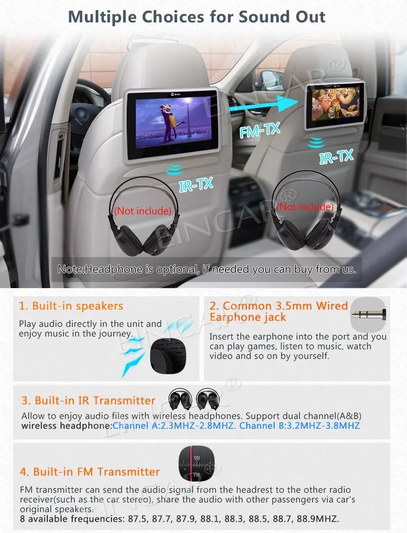 Dual Car Headrest Monitors Wide Touch Screen Player support TV PC CD DVD 1080P with USB/SDand Wireless Infrared Headphone | Автомобили и