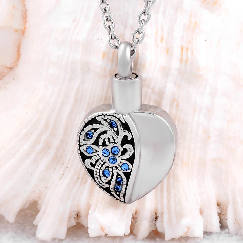 IJD8318 держать цветок из голубых кристаллов Keepsake из нержавеющей стали в форме сердца памятная подвеска ювелирные изделия ожерелье для праха