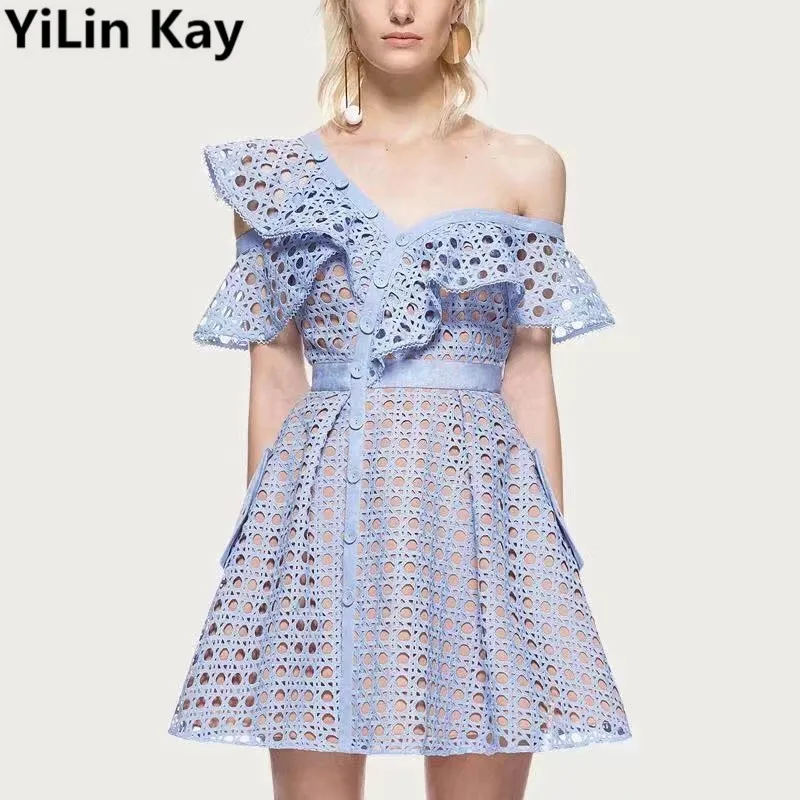 YiLin Kay, высококачественное, на заказ, Автопортрет,, женское, открытое, на одно плечо, с оборками, кружевное платье, роскошное, подиум, синее, винтажное платье