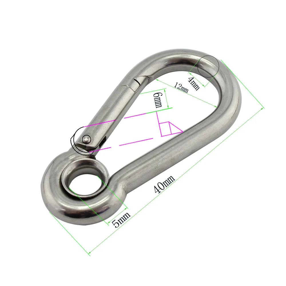 

Stainless Eyelet Snap Hook Spring Carabiner 4*40mm Stainless Steel SS304/316 Climbing Spring Carabiner Snap Hooks with 10pcs