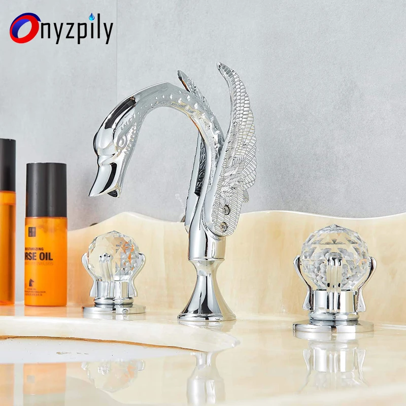Хромированная отделка 2 Кристальные ручки раковина кран модель лебедя корпус