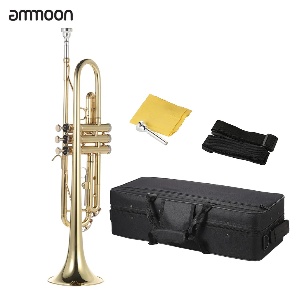 

Ammoon Bb труба B плоский латунный золотой окрашенный изысканный прочный музыкальный инструмент с мундштуком перчатки ремешок чехол