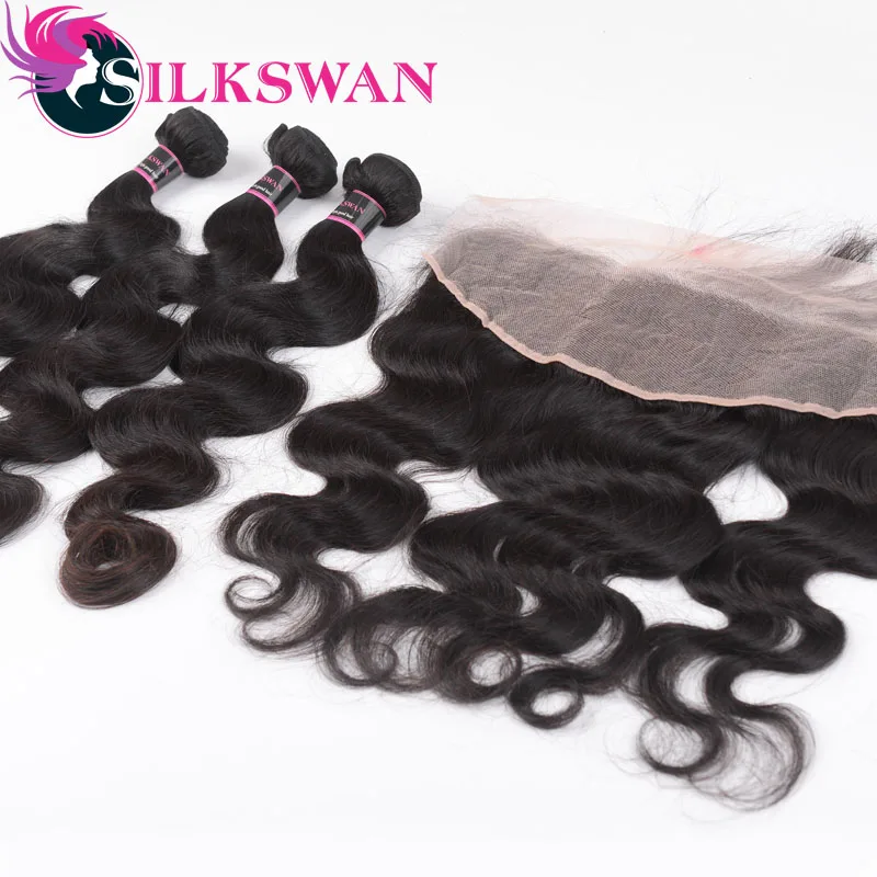 Silkswan бразильские волосы Remy человеческие волосы пряди с фронтальным закрытием уха до уха 8-24 дюйма объемная волна пучок