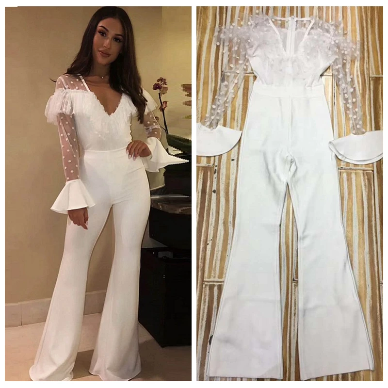

2019 Women's Rompers New Arrived Lace Jumpsuit Elegant Flare Sleeve V Neck Sheer Lace White Bandage Jumpsuit Party Outfits Club