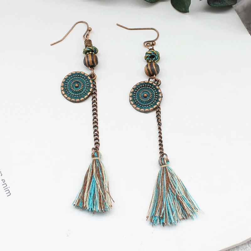 Retro Ethnic Green bronze Earrings Long Tassel Cotton thread Bohemian hook for Women Drop Fringed Earring | Украшения и