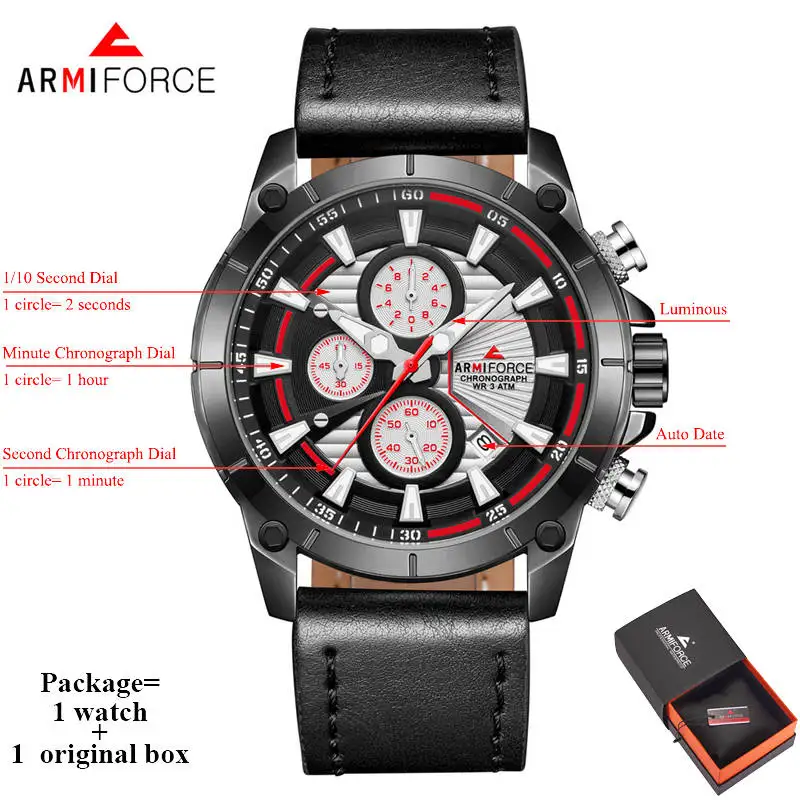 ARMIFORCE деловые мужские часы, военные мужские часы с хронографом, Мужские АВТО часы с кожаным ремешком, светящиеся наручные часы, Reloj Hombre AF8007 - Цвет: black white