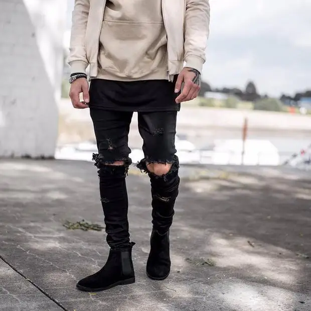 Высокое Качество Мода осень стрейч Разорвал Дизайнерские Джинсы хип хоп Slim Fit