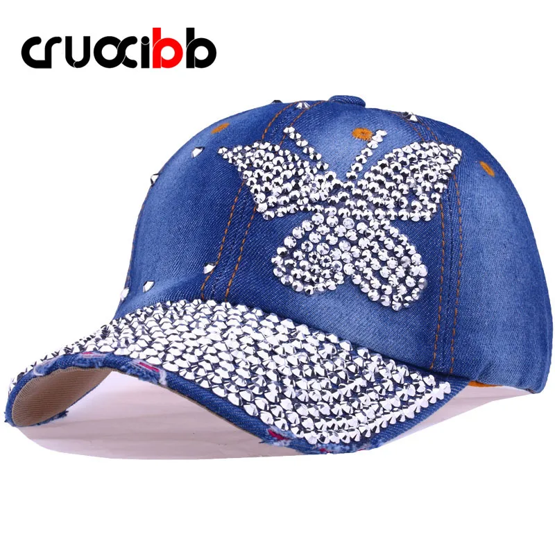 CRUOXIBB модная бейсбольная Кепка из джинсовой ткани с кристаллами и бабочками