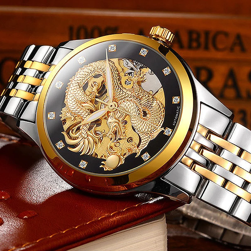 

Business Mechanical Watches Mens Skeleton Tourbillon Automatic Watch Men Gold Stainless Steel Waterproof Relojes Hombre