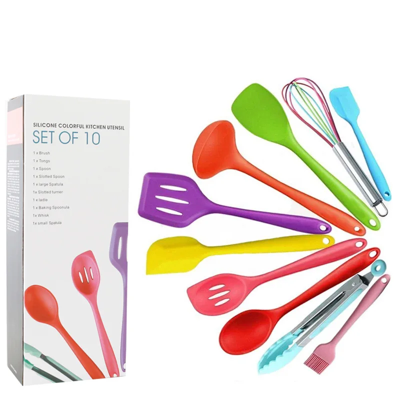 

10pcs Cooking Tools Silicone Kitchen Utensils Spatula Spoon Tongs Ladle Spaghetti Server Slotted Turner Kitchen Tools Set