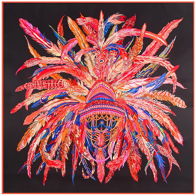 New Hot Brand Women Twill Silk Scarf Indian Feather Crown Print Kerchief Turban Headband Large Hijab Square Scarves |