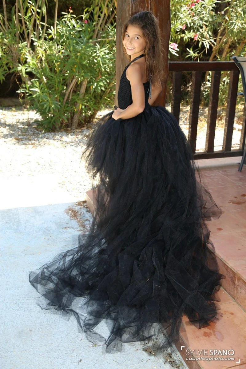 POSH DREAM Black Ceremonial Girl Tutu Dress with Long Train Bridesmaid Wedding Flower for Girls Birthday Christmas | Детская одежда и