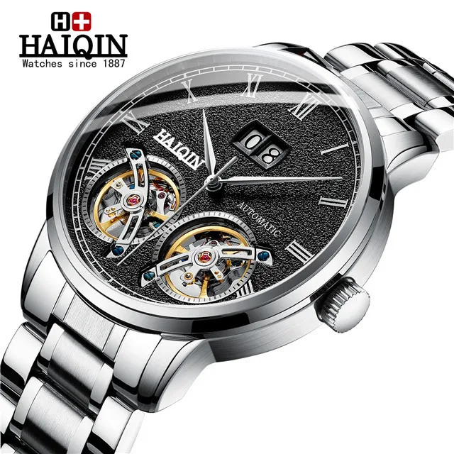 S-silver black Бизнес Автоматическая техника двойной турбийон часы для мужчин HAIQIN мужские s часы лучший бренд класса люкс военные спортивные часы reloj hombre - Color: S-silver black