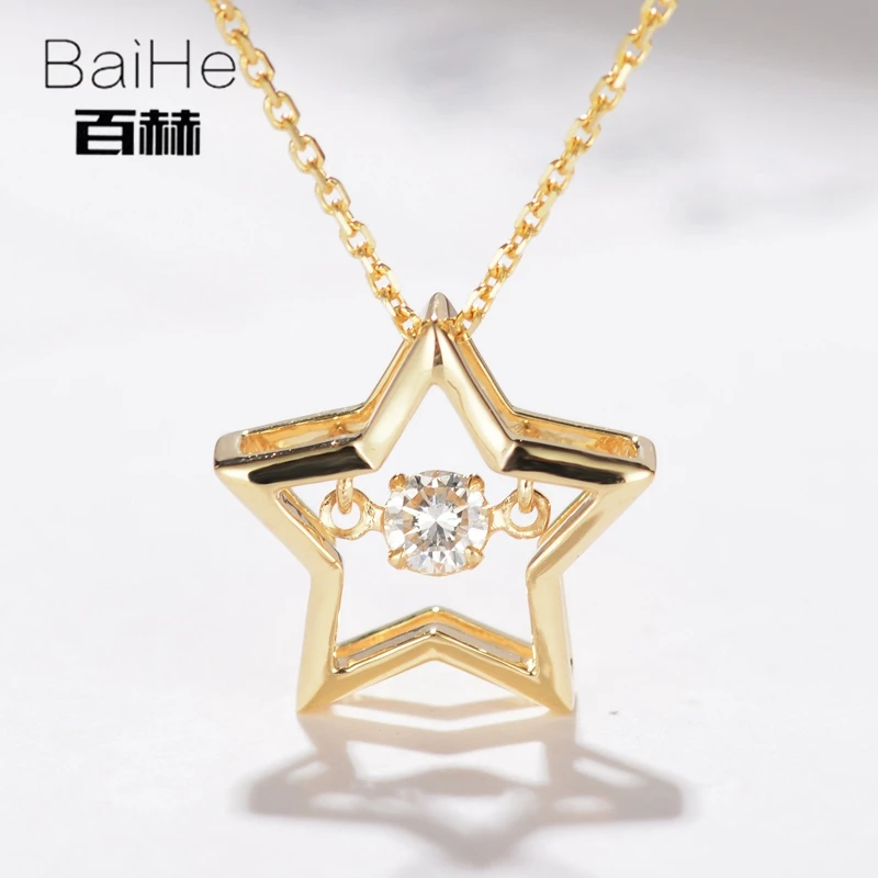 BAIHE Solid 18K Yellow Gold 0.08ct H/SI Natural Dancing Diamond Women Trendy Fine Jewelry Gift beautiful Star Necklaces | Украшения и