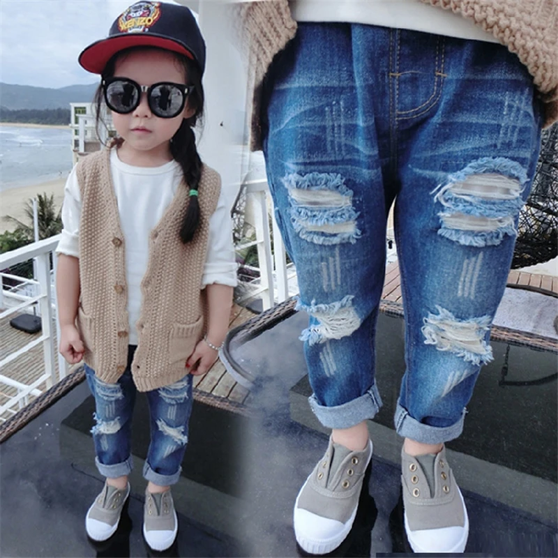 2018 детская одежда рваные джинсы для девочек весна лето осень стильные джинсовые