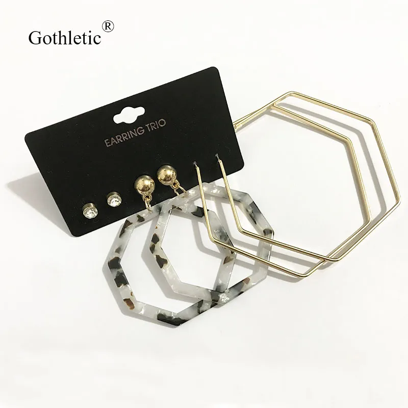 Gothletic 3 пары/набор шестигранный металлический резиновый Обруч Набор серег модные