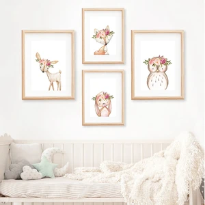 Розовые пионы, животные в лесу, Детская настенная живопись на холсте, картины бохо, лиса, олень, кролик, Сова, постеры с принтом, декор для детской комнаты