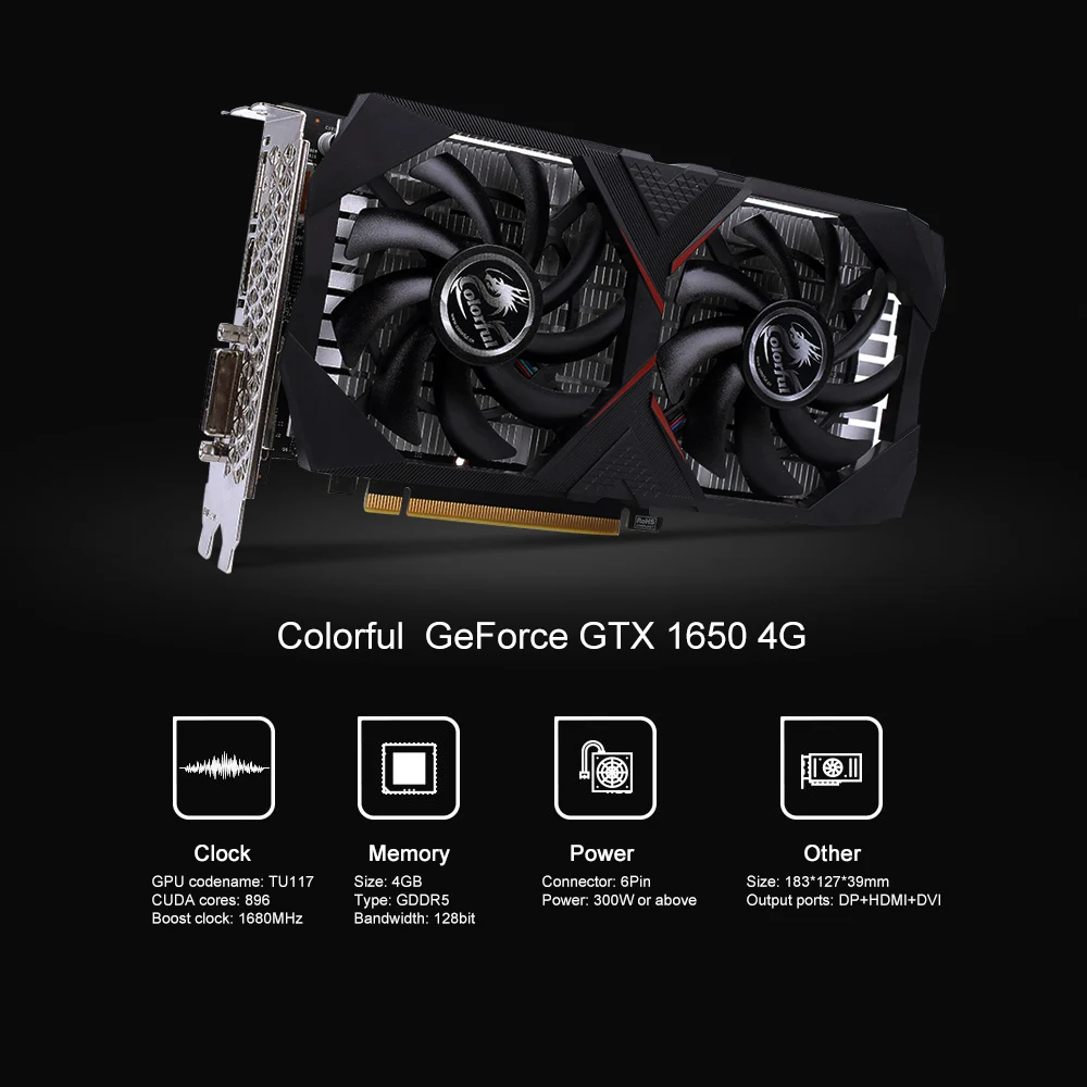 Красочные GeForce GTX 1650 4G графическая карта Nvidia TU117 видеокарта 4 Гб DP+ HD+ DVI GDDR5 для игрового ПК