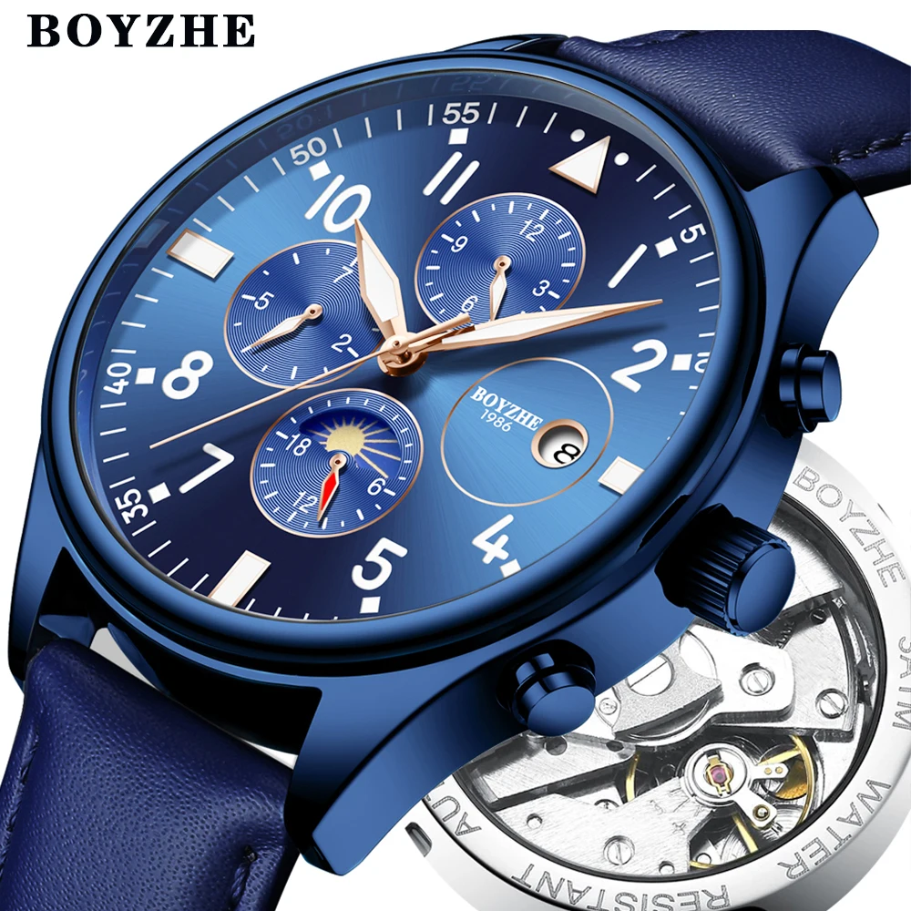 Blue leather BOYZHE Роскошные Брендовые мужские автоматические механические часы из нержавеющей стали водонепроницаемые спортивные бизнес-часы Moon Phase Relogio Masculino - Цвет: Blue leather