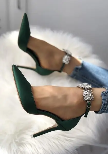 

Sexy Satin Smooth Pointy Green Pink Black Women Rhinestone Pumps Fashion New Stilettos High Heels Party Dress Shoes