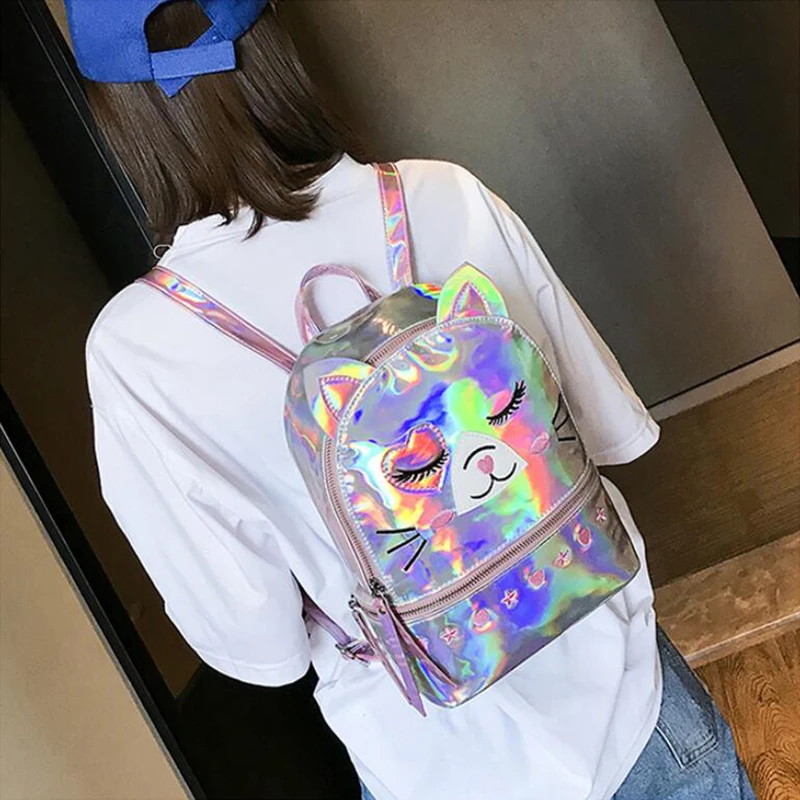 Yogodlns Милая кошка Mochila Mujer лазерный голографический рюкзак женский маленький мини рюкзак для девочек Школьный Рюкзак PU дорожные сумки