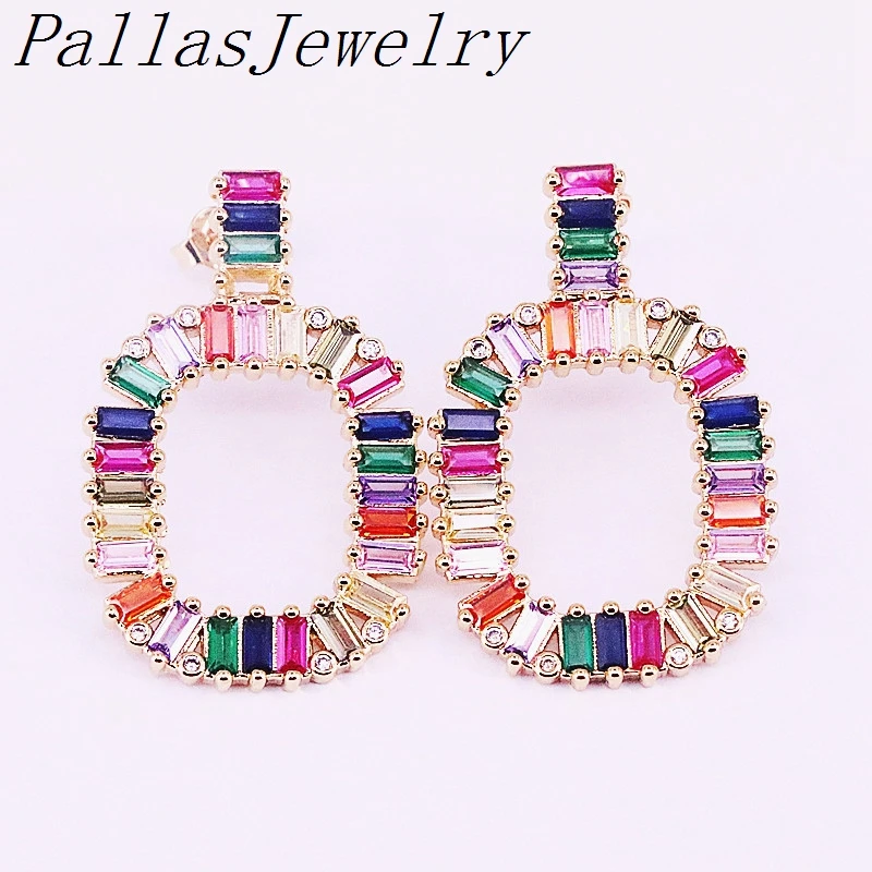 

4Pairs New Micro Pave Rainbow Zirconia Women Stud Earrings Delicate CZ Colorful Charm Gold Color Jewelry