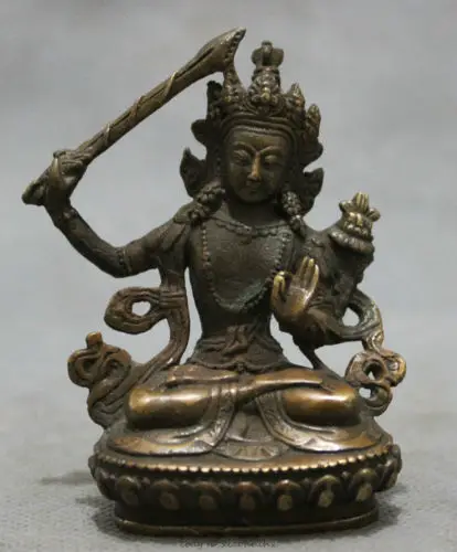 Тибет Бронзовый Буддийский Защиты Лотоса Манджушри Бодхисаттвы Статуя Будды