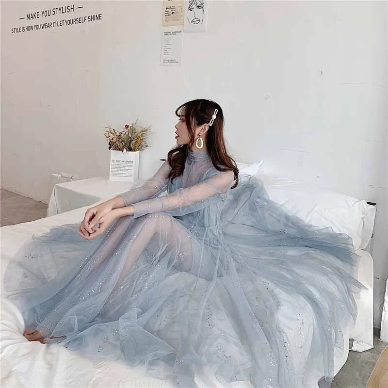 2019 весеннее Новое Женское платье с длинным рукавом и блестящее феи Женские