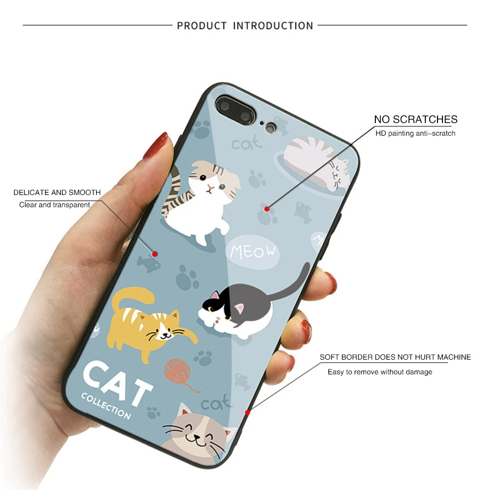 Heyytle Cute Cat Pattern Phone Case For iPhone X 8 7 6 6s Plus Cases Couple Tempered Glass Cover Anti-fall Cartoon Shell |