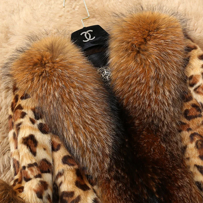 S-6XL Plus Size Leopard Print Sexy Natural Fox Fur Coats Outerwear Women Whole Skin Overcoat Jackets Raccoon Dog Collar | Женская одежда