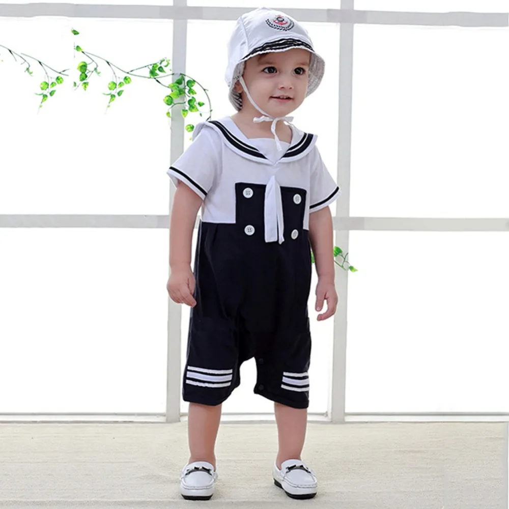 2 Pcs Baby Boy Sailor Jumpsuit Marine Navy Short Sleeve Romper + Hat Outfit Sets Suit for 2-18 Months |