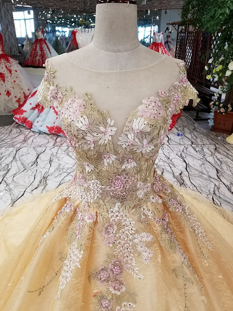 2018 Новое поступление Дешевое свадебное платье кружево цвета шампанского с