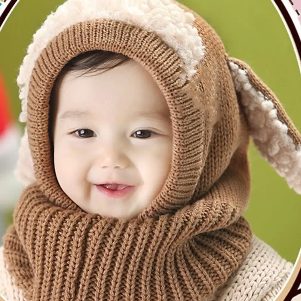 Winter Baby Hat and Scarf Joint With Dog Style Crochet Knitted Caps for Infant Boys Girls Children New Fashion Kids Neck Warmer | Детская