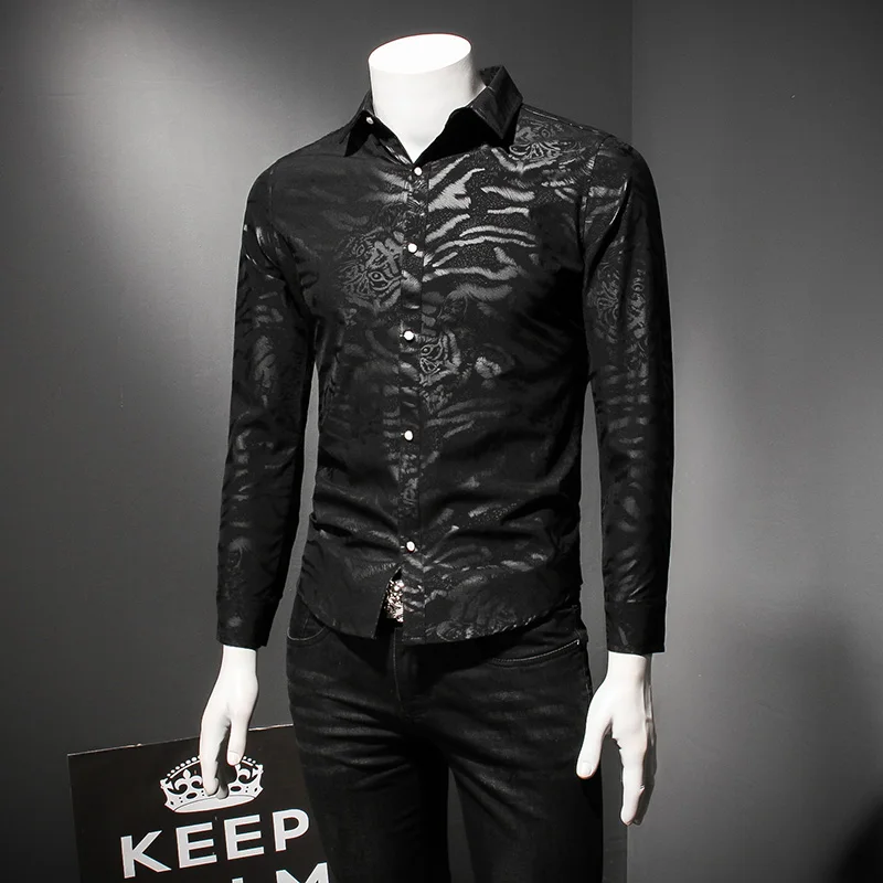 2020 Spring Men Long Sleeve Shirts High Quality Slim Fit Print Social Shirt Plus Size Casual Turn Down Collar Blouse Homme | Мужская